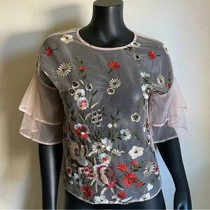 Haute Monde Sheer Embroidered Floral Top Short Sleeve Size Large